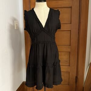 PINCH Boho Tiered Ruffle Sz Large V-Neck Sleeveless Black Womens Mini Dress